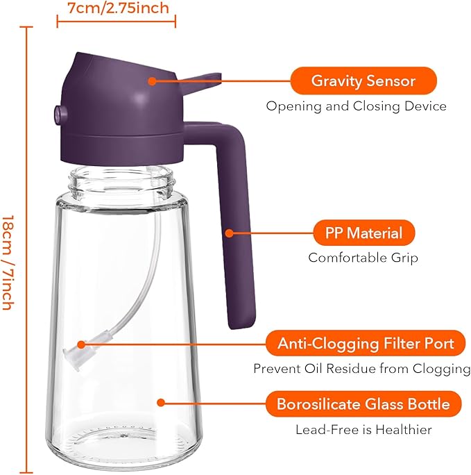 YARRAMATE 16oz/470ml Glass Olive Oil Sprayer for Cooking with Stickers, 2 in 1 Oil Dispenser for Kitchen Gadgets, Food Grade Premium Spray Bottle with Portion Control for Salad, BBQ (Purple)