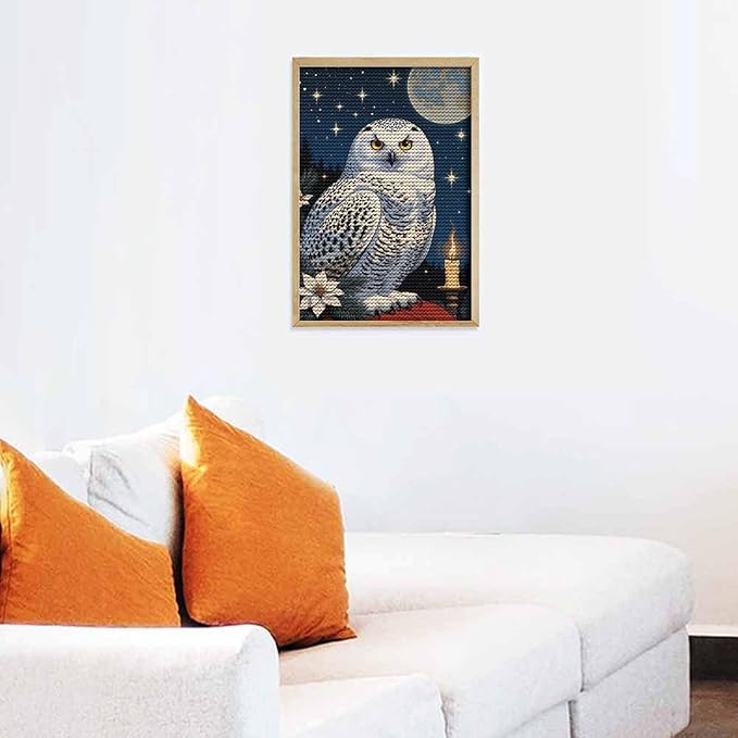 KIVJMSIDJA 5D Diamond Painting Kit for Snowy Owl & Candle Glow - Winter Night Scene Adults Full Drill Round Rhinestone Art Craft DIY Home Wall Decor 8"x12"