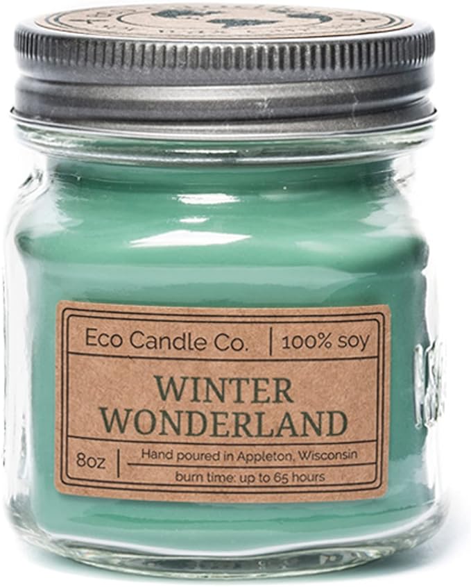 ECO CANDLE CO. Mason Jar Candle, Winter Wonderland, 8 oz. - Scents of Pine, Spruce, & Fir - 100% Soy Wax, No Lead, Kraft Label & Antiqued Pewter Lid, Hand Poured, Made from Midwest Grown Soybeans