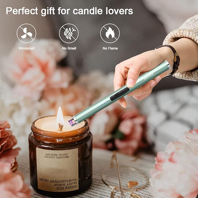 ARECTECH Rechargeable Electric Candle Lighter, Christmas Stocking Stuffers Gifts for Mom Men Wife, Arc Plasma Windproof Lighter for Candle Kitchen Birthday with Type-C Cable, Green