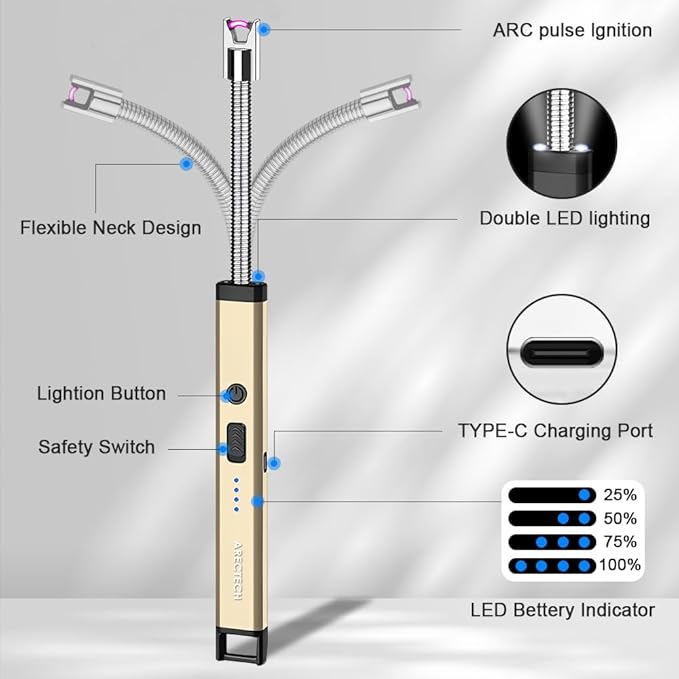 ARECTECH Candle Electric Lighter Rechargeable USB Arc Lighters for Candle Camping Fireworks Christmas Birthday Gifts with LED Light for Men Women Gold