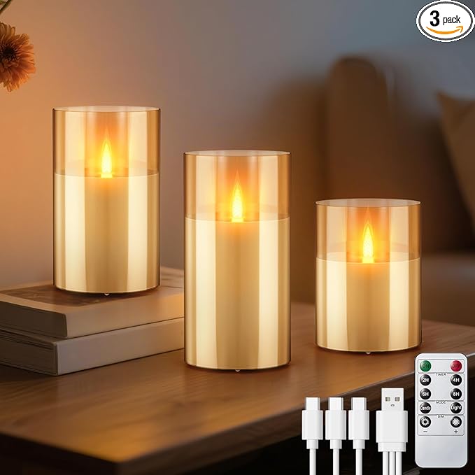 3PC Rechargeable Led Candles, Flameless Flickering with Remote & Timer, with Real Wax Candle in Glass Warm Color Light, Lasting for 200+ Hours for Festival, Party, Bedroom, Living Room Decor, Amber