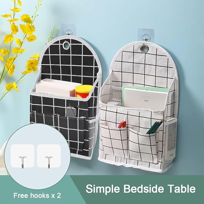 2 Pack Wall Hanging Storage Bag with Pocket, Fabric Organizer Basket with Sticky Hook, Over the Door Caddy Organizer Box for Closet Dormitory Bedroom Bathroom Kitchen (Black Plaid + White Plaid)
