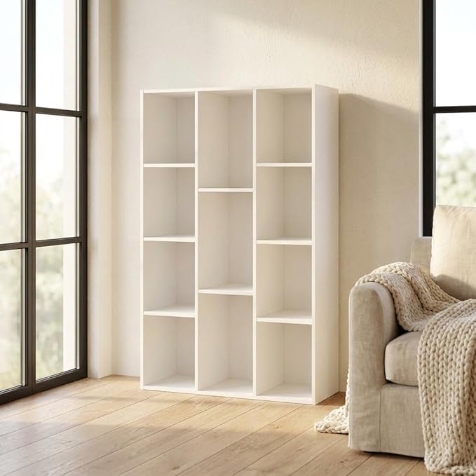 Furnifact White 11-Cube Reversible Open Shelf Bookcase, Versatile Storage, Modern Design, Durable Wood, for Living Room, Office, or Bedroom