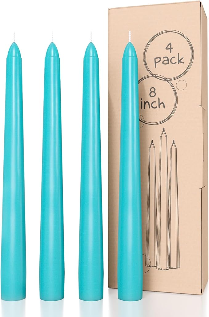 CANDWAX 8 inch Turquoise Taper Candles Pack of 4 - Unscented Smokeless Dripless Tall Candlesticks - Perfect for Holidays, Ordinary Dinners and Special Occasions - Teal Taper Candles