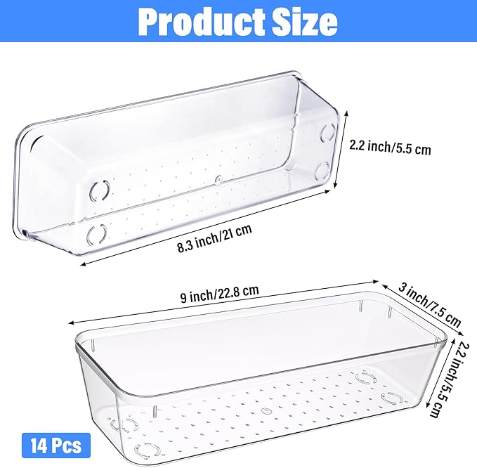 14PCS Vanity Drawer Organizer, 9 x 3 x 2 Inch Clear Plastic Silverware Utensil Organizers Bins, Versatile Desk Tray Drawers Dividers for Makeup Jewelry Kitchen Bathroom and Office Organization