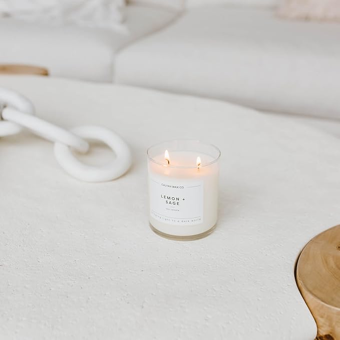 Calyan Wax Co. Lemon & Sage 2 Wick Scented Candle - 37 Hour Burn - Luxury Non Toxic Soy Wax Candles - Long Lasting Large Glass Jar Candle for Home - 8.8oz