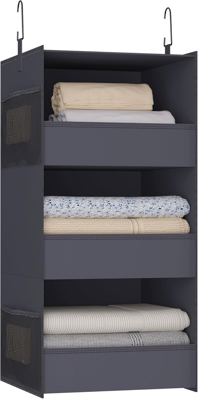3-Shelf Hanging Closet Organizer and Storage, Foldable Hanging Closet Shelves Front Lip Design Washable Hanging Storage, Dark Gray