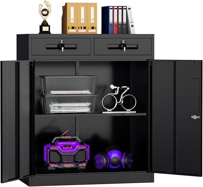 Superday Lockable Storage Cabinet with 2 Drawers, 36" Metal Storage Cabinet with Locking Doors and Adjustable Shelves, Black Metal Locking Cabinets for Home Office Garage School