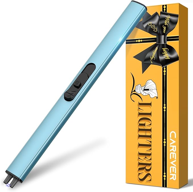 Candle Lighter Stocking Stuffers for Women Men, Electric Candle Lighter USB Rechargeable Graduation Gifts for Him Wife Girlfriend Safety Lock Long Lighters for Grill Kitchen BBQ Camping,Blue