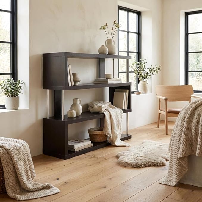Furnifact Dark Brown Three-Shelf Modern Bookcase with Engineered Wood and Steel Construction, Transitional Style, Stylish Storage Solution