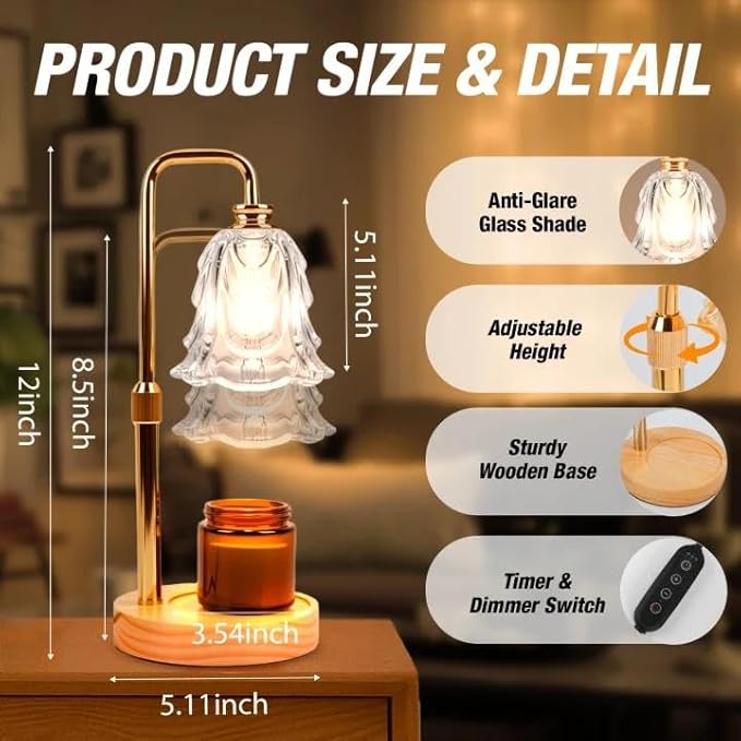 Candle Warmer Lamp with Timer and Dimmer, Electric Wax Warmers for Scented Candles with 5 Brightness Settings, Anti-Glare Lamp with Adjustable Height, Home Decor, Gift for Valentines, Birthday