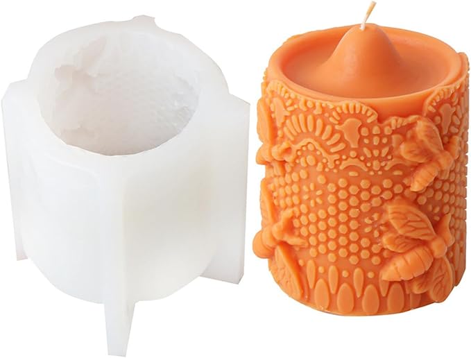Bee Lace Trim Cylinder Candle Mold, Honeybee Beehive Pillar Silicone Mold for Beeswax Candle, Soy Wax Candle, Plaster Ornament, DIY Crafts (I)