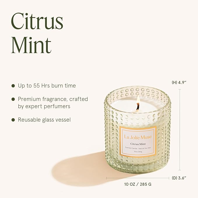 LA JOLIE MUSE Citrus Mint Candle, Candles for Home Scented, Luxury Eucalyptus Candles Gifts for Women & Men, Natural Soy Wax, 75 Hours 10 OZ
