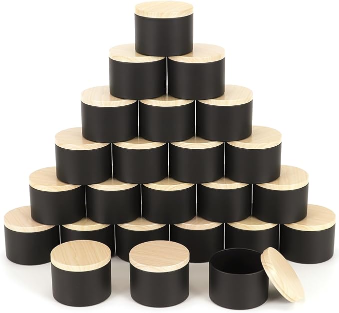 SONVIIBOX 24 PCS 8oz Candle Tins, Black tins with Wood-Grain Metal lids,Candle Jars for Making Candles Bulk,8oz Candle Jars,Tin Jars for Candle Making