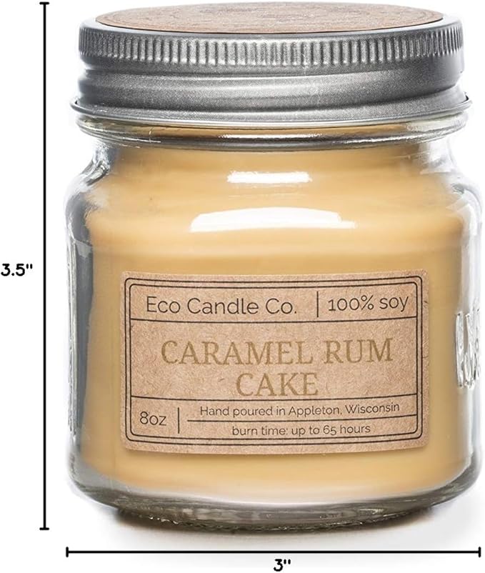 ECO CANDLE CO. Mason Jar Candle, Caramel Rum Cake, 8 oz. - Scents of Caramel, Rum, Maple, Almond, Pear, & Vanilla - 100% Soy Wax, No Lead, Kraft Label & Antiqued Pewter Lid, Hand Made