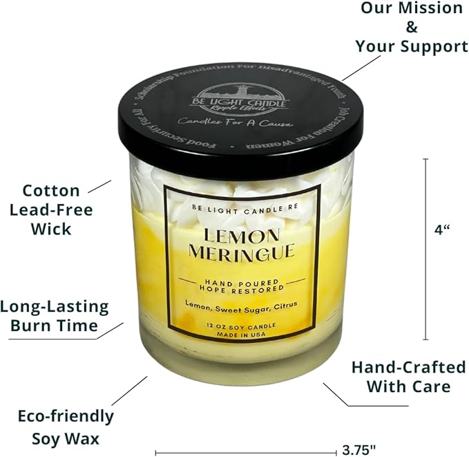 Lemon Candle | Purpose-Driven Soy for Women Scented | 12oz Whipped Topping | Non-Toxic Soy Candle Food Gifts for Women | Be Light Candle RE (Lemon Meringue)