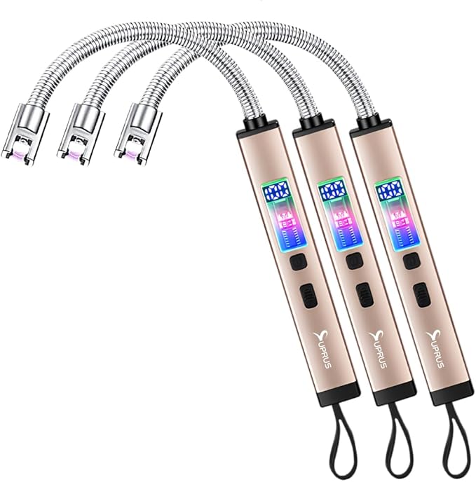 SUPRUS Electric Candle USB Type C Rechargeable 360° Flexible Neck Lighter with Upgraded LED Battery Display Safety Switch Flameless Plasma Windproof (Champagne Gold, 3Packs)