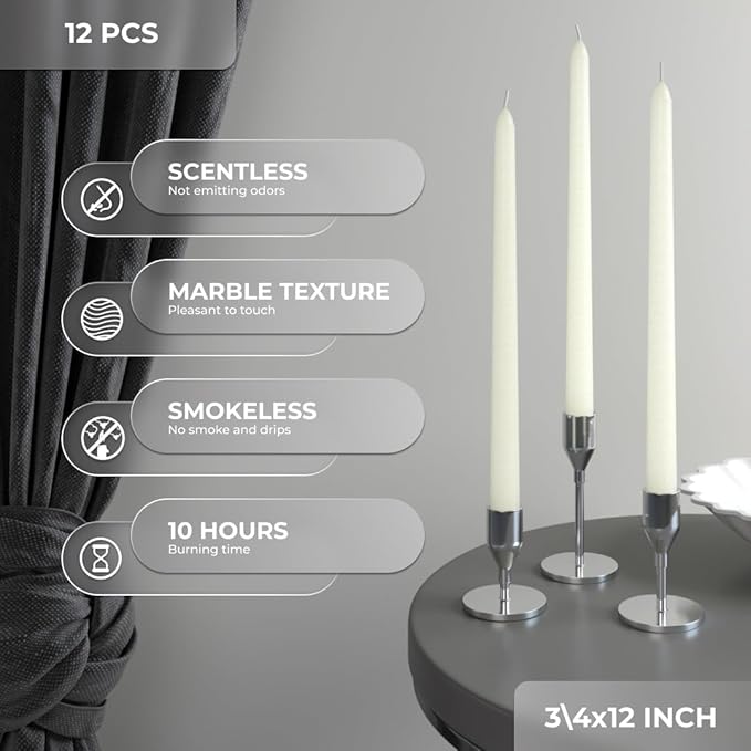 CANDWAX Candle Set of 12 Ivory Taper Candles 12 inch - No Drip and Ideal for Wedding Use - Long Burning and Unscented Candlesticks - Ivory Candles