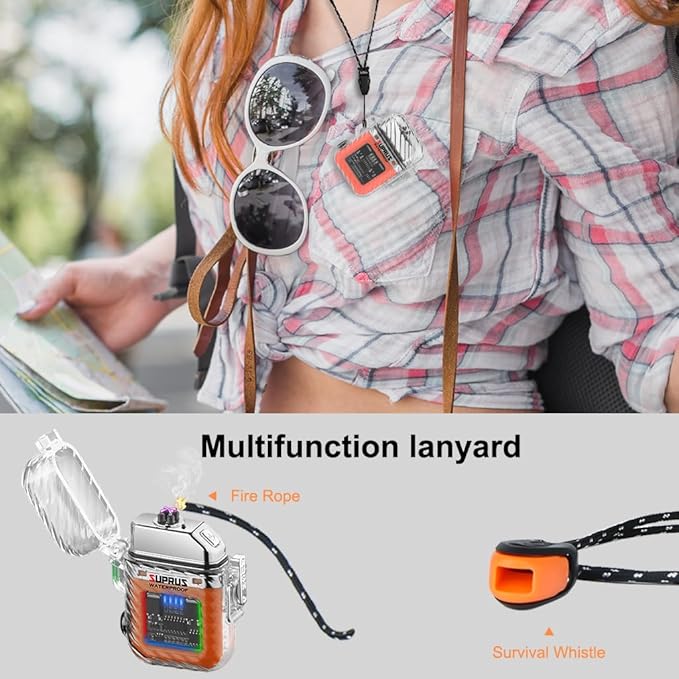 SUPRUS Waterproof Luminous Lighter of Flashlight Windproof Arc Electric Lighters Rechargeable Dual Arc Plasma (Orange, 2Packs)