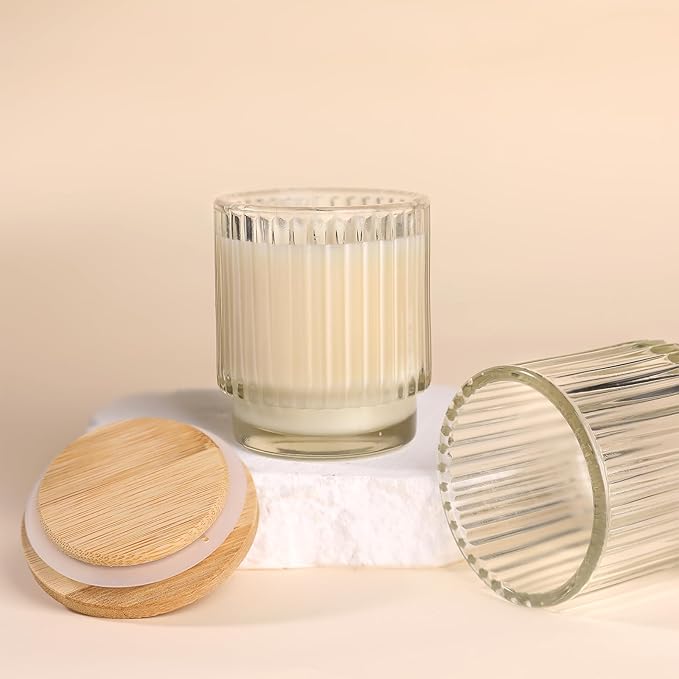 DEVI 7oz Empty Clear Ribbed Glass Candle Jars for Making Candles Set of 8,Glass Candle Jars with Bamboo Lids, Bulk Empty Candle Containers, Candle Tins Making Supplies, Wedding Favors