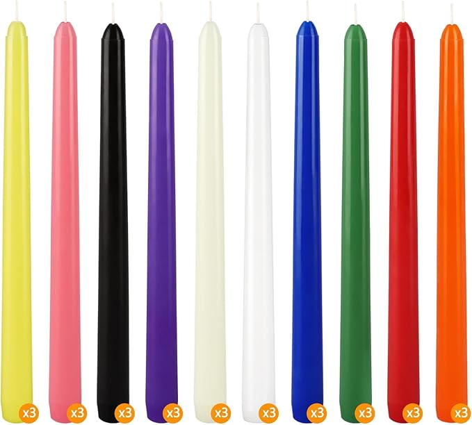 30-Pack 10-Color Taper Candles - 10 Inch Dripless & 10-Hour Burn｜Wedding/Birthday/Home Decor with Premium Wax