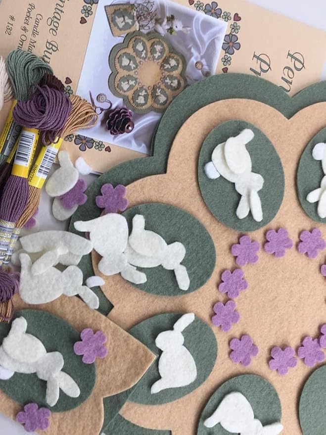 Vintage Bunnies Penny Rug Kit Pre Washed Wool Applique Kit Easter Pattern
