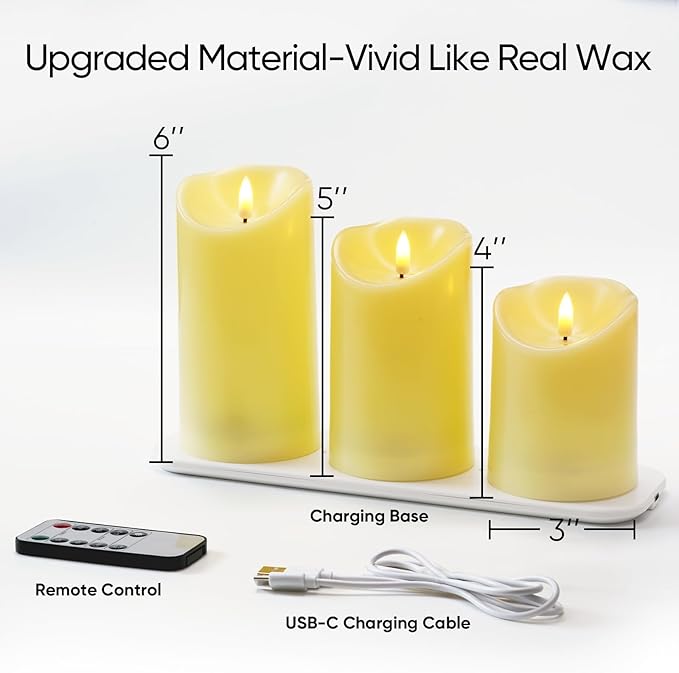 5plots Rechargeable Flameless Candles, Battery Operated LED Candles, Electric Candles with Remote and Timers, Wax-Like Plastic, Ivory, 3Pack, 3" x 4"5" 6", for Home Decor