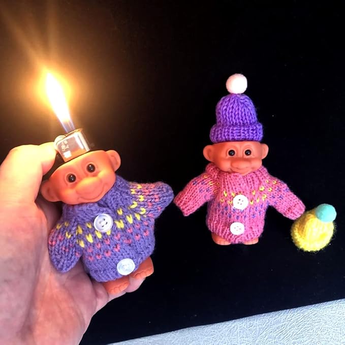 2 Pack Cute Troll Dolls Lighter Case Silicone Funny Mini Dolls Lighter Sleeve with Sweater &Hat for 3.2in Regular Lighter (Lighter not Included) (Purple & Pink)