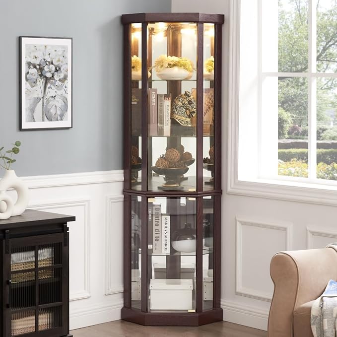 Corner Lighted Glass Curio Cabinet for Living Room Space Saving Vertical Tall Display Case with Light for Antique Wine Bar Glass Storage (Cherry)