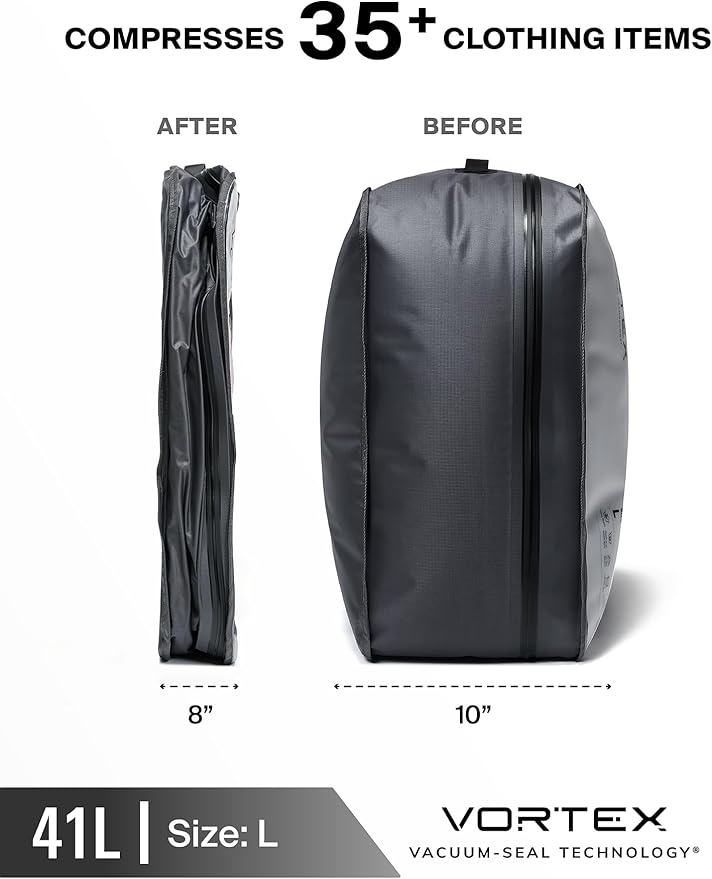 Black Voyage Reusable Vacuum Compression Travel Bag for Carry-On Suitcase and Backpack, Recycled IP67 Waterproof Space Saver Vacpack (2-Pack, 41L - Pump Included)