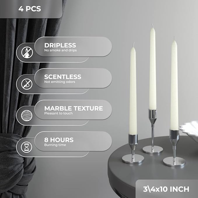 CANDWAX Ivory Taper Candles 12 inch Dripless - Set of 4 Tapered Candles - Smokeless and Unscented Candlesticks Long Burning