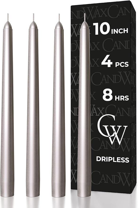 CANDWAX 10 inch Silver Taper Candles Set of 4 - Christmas Candles Taper Dripless - Tall Long Burning Fragrance-Free Silver Candlesticks