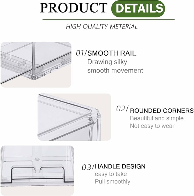 bealy 2 Pack Stackable Clear Storage Drawer,Clear Refrigerator Organizers and Storage Drawer, Pull Out Drawer for Fridge Kitchen Bathroom Cabinet Closet Organizer Pantry