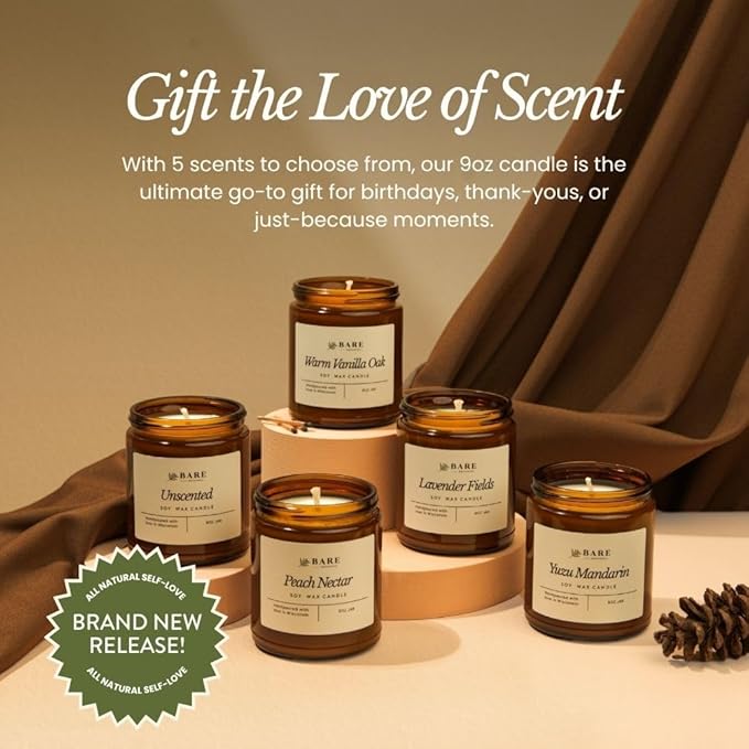 Bare Botanics Unscented 9oz Soy Candle - 100% Plant-Based Fragrance Oils - Premium, Non-Toxic Candle - Softly Scented Natural Soy Wax - Handpoured in WI - 40 Hrs Long Burning & Ready to Gift