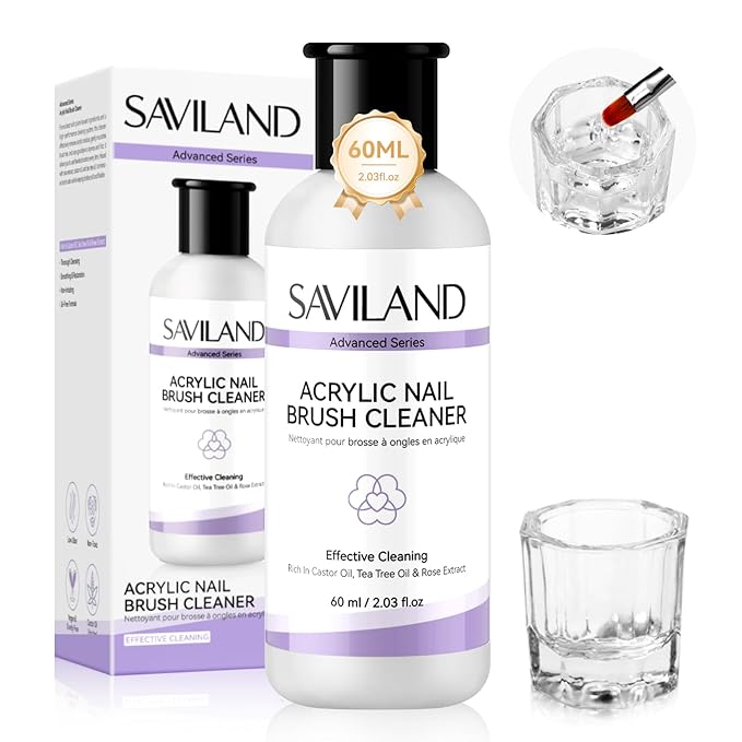 SAVILAND Advanced Acrylic Brush Cleaner: 3-Minute Deep Clean & Conditioning Liquid with Dappen Dish, Plant-Based Acrylic Nail Brush Cleaner and Preserver for Manicure Tools Home DIY & Salon Use, 60ml