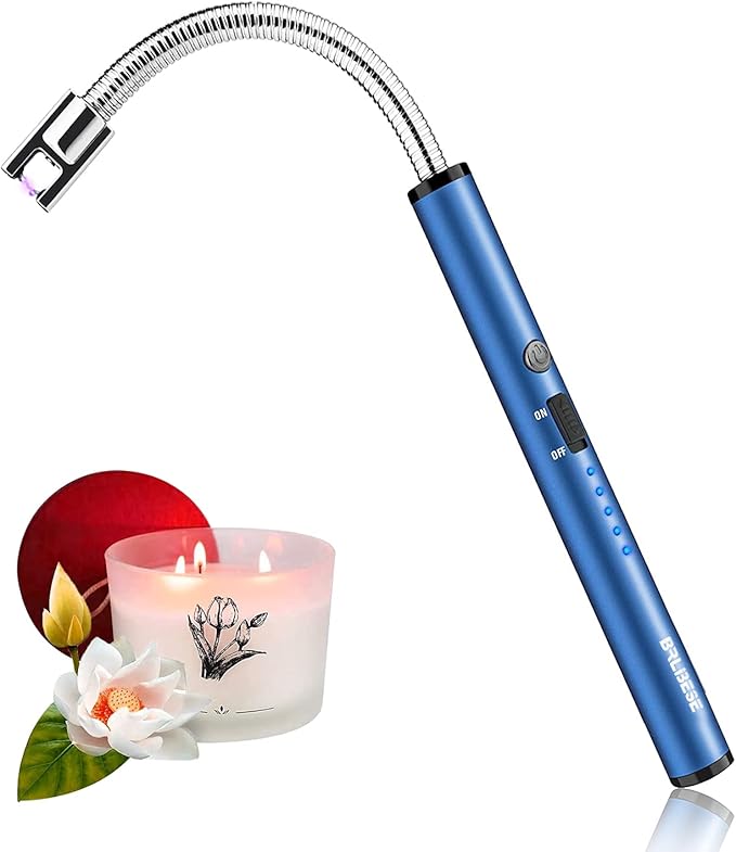 Candle Lighter, USB Charging Flame Candle Electronic Arc Lighter with LED Battery Display Safety Switch, Longer Flexible Neck for Camping BBQ Gas Stoves and Fireworks (Blue)
