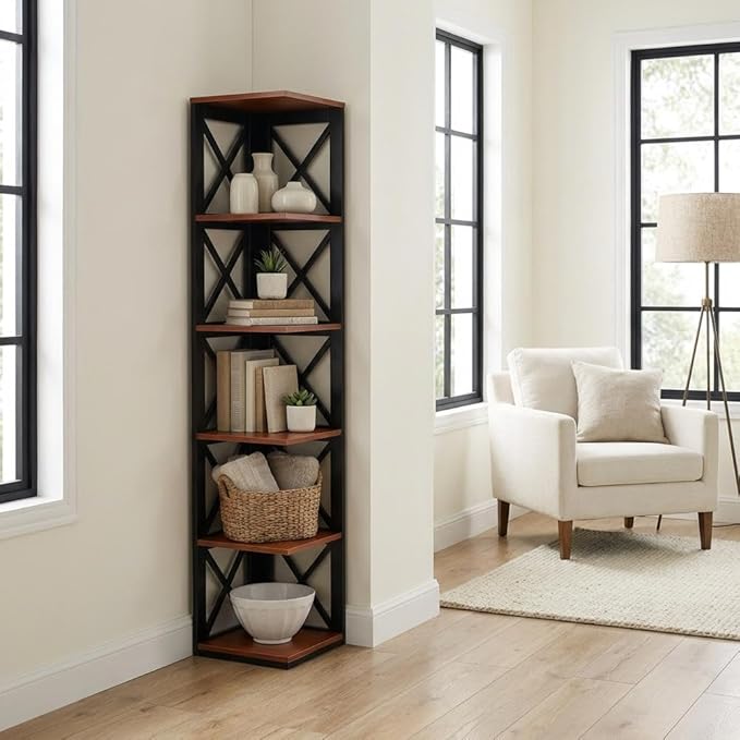 Furnifact Cherry Black 5-Tier Corner Bookcase with Multiple Shelves, Durable Non Lead Base Paint Finish, Space-Saving Design for Home and Office Storage