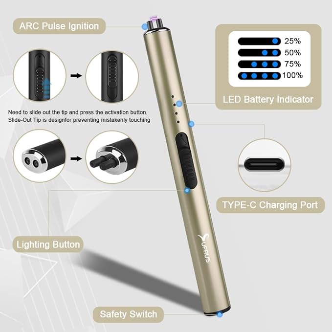 SUPRUS Electric Arc Windproof Flameless USB Rechargeable Lighter with Safety Lock for Candle (Champagne Gold)