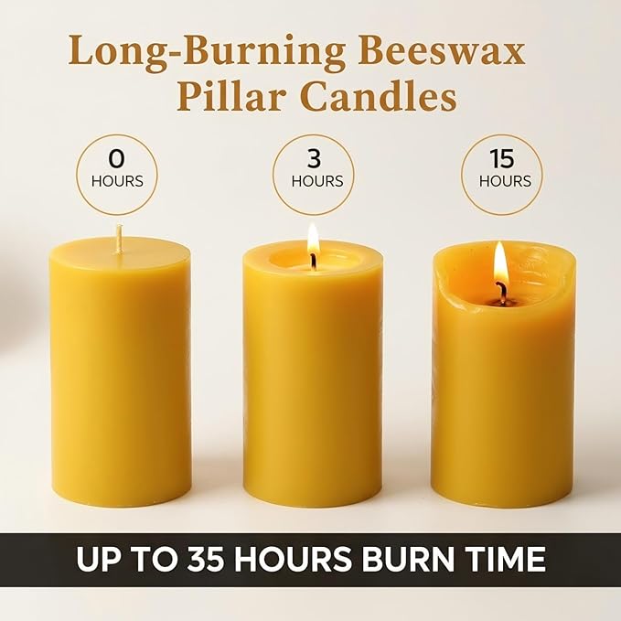 Natural Beeswax Pillar Candles 2 Packs, Non Toxic Beeswax Candles 70 Hours Long Burning, Organic Emergency Bees Wax Candles for Home, Paryer, Parties, Unscented Dripless Smokeless Candles, 2x4in