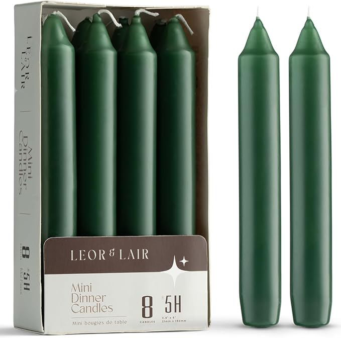 Leor & Lair Dark Green Candlesticks – Pack of 8 Mini Taper Candles with Cotton Wick – 5 Hour Burn 6 Inch Candles for Christmas, Holiday Tables & Natural Home Décor