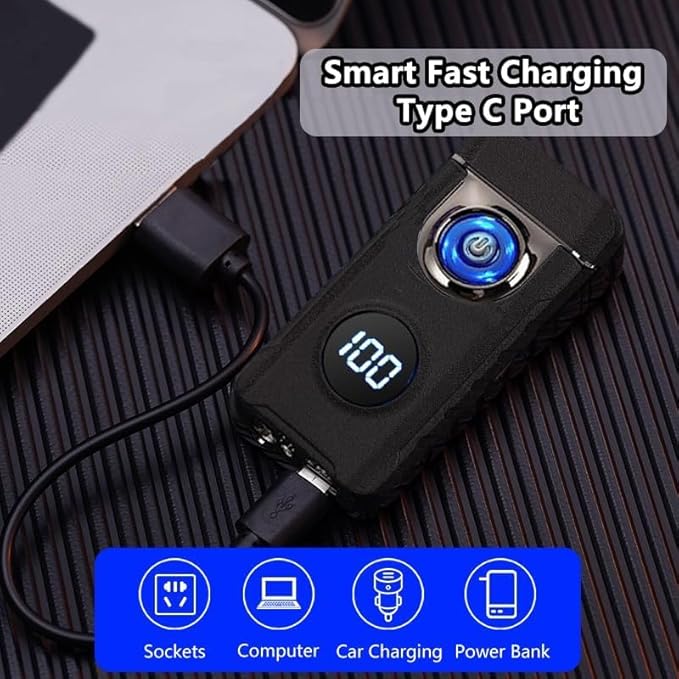 Electric Lighters Plasma Lighters Rechargeable with with LED LED Display and LED Emergency Lights Windproof USB Rechargeable Lighter Cool Lighte for Candle,Camping,Gift(Matte Black)