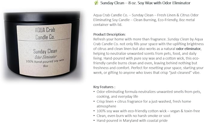 Odor Eliminator Candle, 8 oz., Soy Wax, Fresh Linen Scent, Sunday Clean