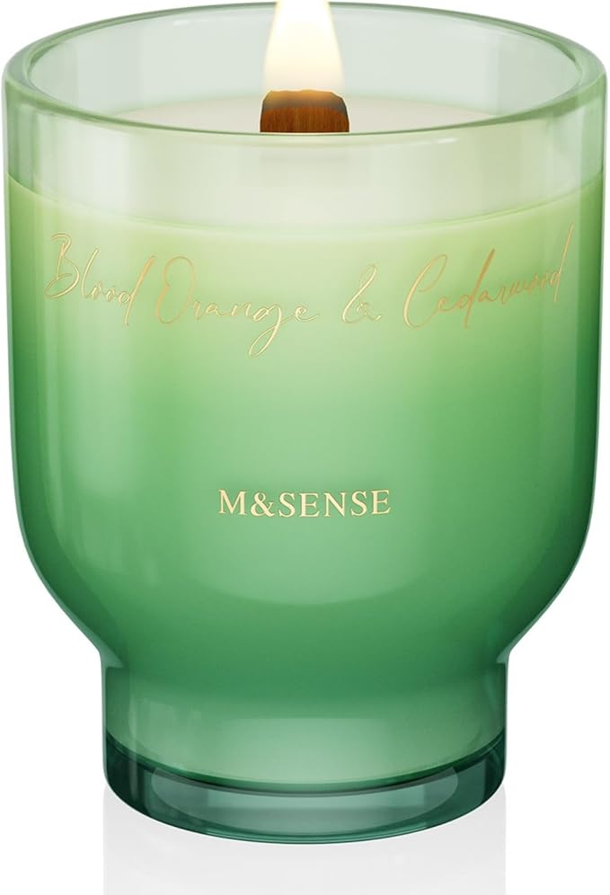 M&SENSE 16.6oz Natural Soy Large Jar Candle with Wooden Wick | Blood Orange & Cedarwood Scent | 95-Hour Burn & Long-Lasting Burn | Housewarming Gift for Men and Women