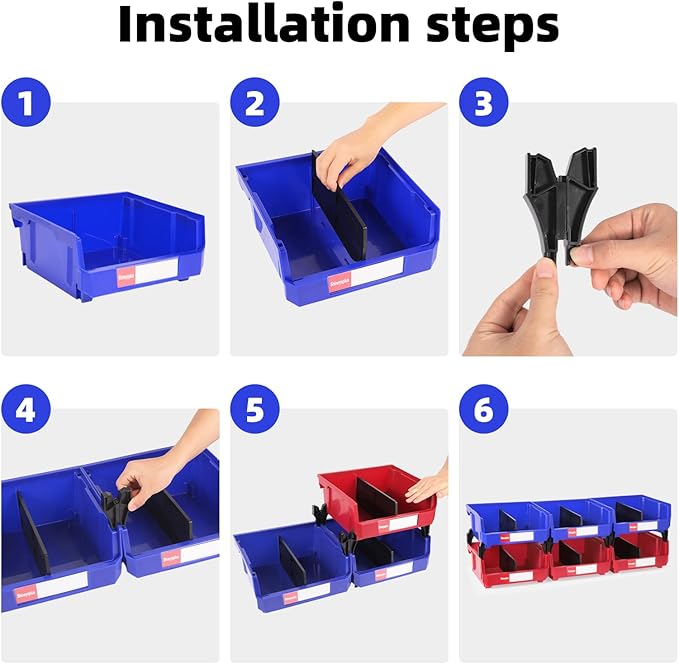 Stackable Storage Bins 6 Pack (11x11x5 Inch), Plastic Stackable Storage Organizer Bins Wall Mounted Hanging Small Parts Bin for Garage, Workbench & Office (Blue & Red)