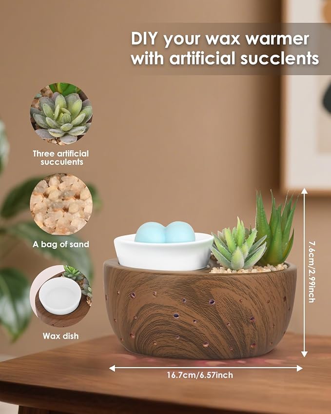 Ceramic Wax Melt Warmer with Japanese Design, 4-in-1 Electric Wax Warmer with PTC Heating Plate and 7-Color LED Lights, Succulent Bowl for Wax Melting, Oil Diffusion, Home Office Spa Decor