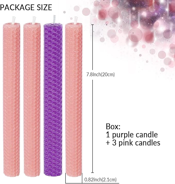 DEYBBY Natural Beeswax Taper Candles,Honeycomb Hand Rolled Beeswax Candles, Dripless and Smokeless Candle, Set of 4 Flat Top(Pink Purple)