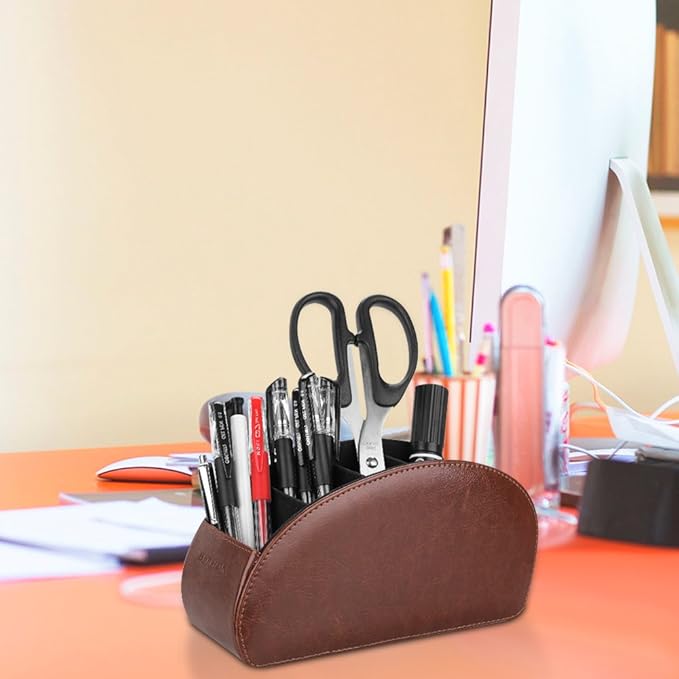SITHON Remote Control Holder with 5 Compartments - PU Leather Remote Caddy Desktop Organizer Store TV, DVD, Blu-Ray, Media Player, Heater Controllers, Brown
