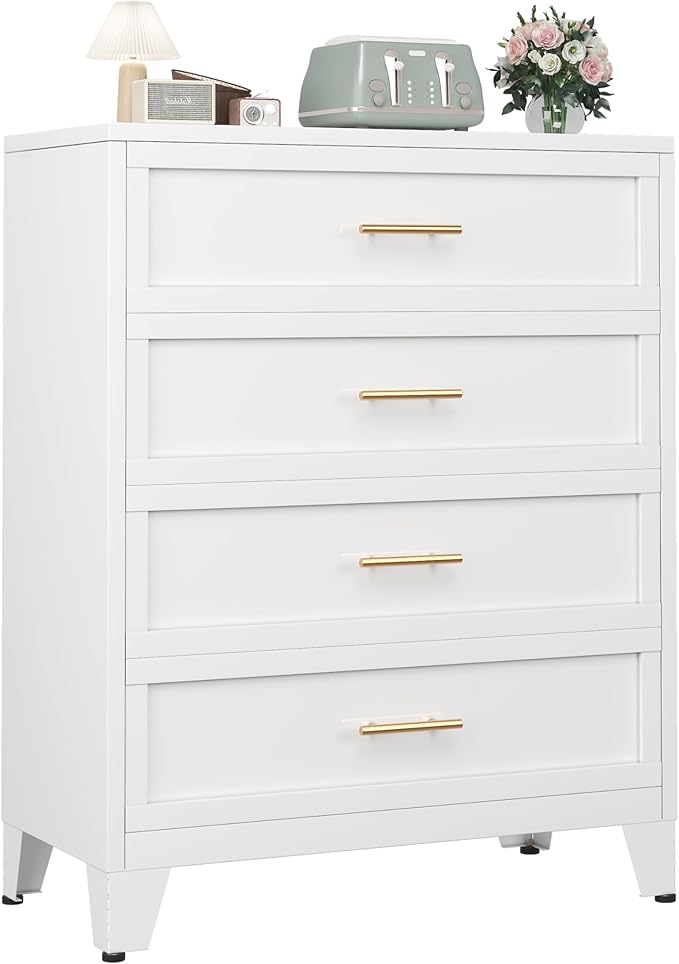 Ckzbx Metal Dresser Tall White Dresser for Bedroom Chest,43.11" H Drawer Chest, Closet Dressers & Chests of Drawers for Living Room, Hallway (4 Drawers)