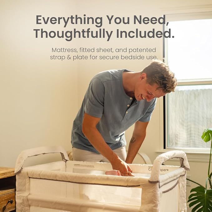 Arm’s Reach Clear-Vue Co-Sleeper Bedside Bassinet Featuring Clear Mesh Panels with Fold-Down Side, Large Attached Storage Basket, 4 Wheels, and Height-Adjustable Legs, White